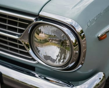 High-detail macro photograph of chrome detailing on a vintage vehicle, showing perfect reflections of the French / Charente-Maritime countryside.