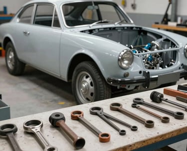 Workshop view with a classic car under restoration, tools neatly organized on a workbench in French / Charente-Maritime.