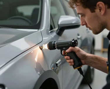 A technician using a specialized lighting tool to inspect the surface of a car for imperfections in French / Charente-Maritime.