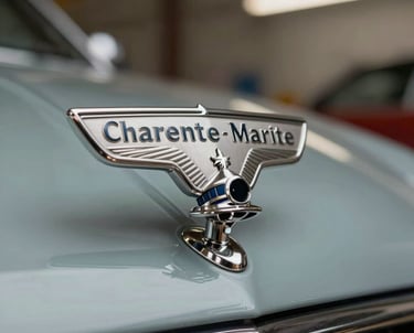 Close-up of a high-end car emblem with soft focus on a classic workshop background in French / Charente-Maritime.