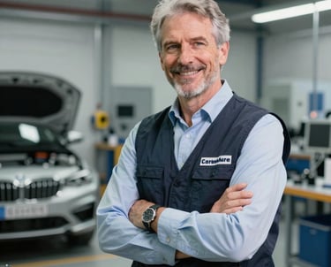 Portrait of a senior workshop manager in professional attire, smiling in a clean, high-tech automotive shop in French / Charente-Maritime.
