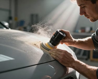 Action shot of an artisan sanding a car surface, dust particles suspended in beams of light in a workshop in French / Charente-Maritime.