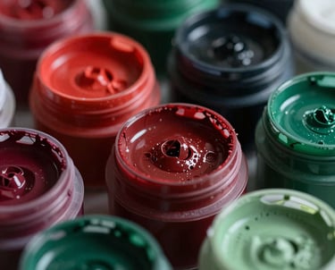 Close-up photography of a set of professional automotive paints in deep red and forest green containers in French / Charente-Maritime.