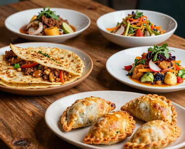 A colorful spread of Latin-inspired brunch dishes with fresh tropical fruits and vibrant cocktails on a sunlit table.