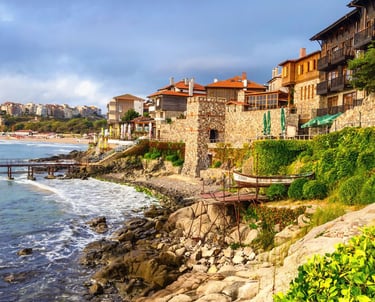 Scenic view of Sozopol old town stone houses on the rocky Bulgarian Black Sea coast.