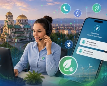 Energy customer support agent with headset helping users with renewable energy app and green power solutions.