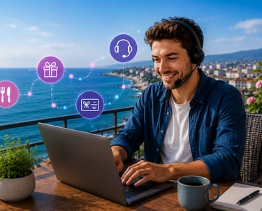 Smiling man working remotely on a laptop at a balcony with ocean views, showing digital service icons.