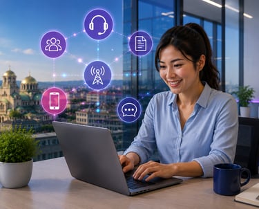 A smiling professional woman using a laptop with digital communication icons representing remote work and networking.