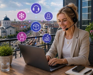 A smiling customer service agent with a headset working on a laptop with e-commerce logistics icons.