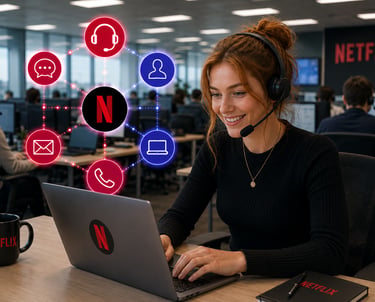A smiling Netflix customer support representative wearing a headset and working at a laptop in an office.