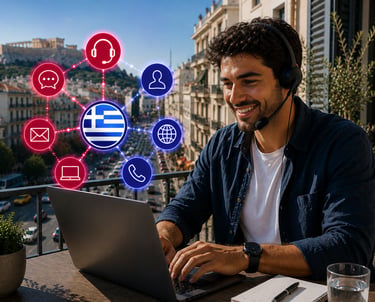 A smiling support agent with a headset working remotely in Greece using a laptop on a sunny balcony.