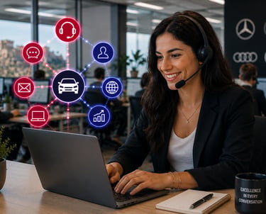 A smiling customer support agent in a call center using a laptop and headset with automotive service icons.