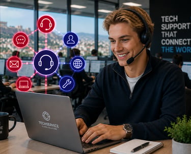 A smiling tech support agent with a headset working on a laptop at a global customer service center.