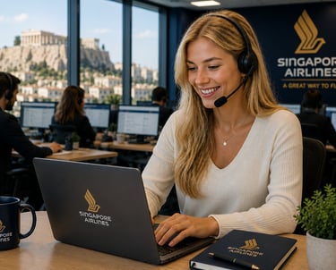 Singapore Airlines customer service agent with headset working on a laptop in an office.