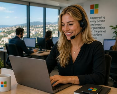 Smiling female customer support agent using a headset and laptop in a bright modern office.