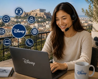 A smiling Disney customer service agent with a headset working on a laptop with a view of the Acropolis.