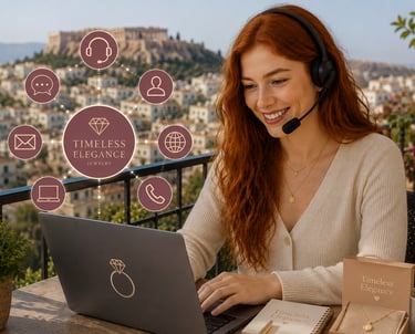 Smiling woman wearing a headset uses a laptop for Timeless Elegance Jewelry customer support in Athens.