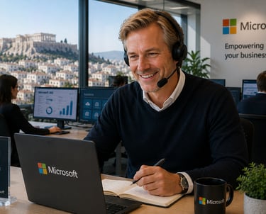 A Microsoft professional wearing a headset works at his laptop in an office overlooking the Acropolis in Athens.