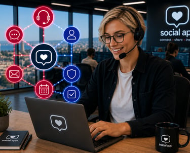 Customer support agent for a social app wearing a headset and working at a laptop with digital network icons.