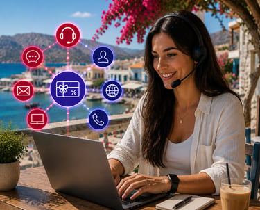 Smiling woman with headset using a laptop for remote customer service and digital marketing.