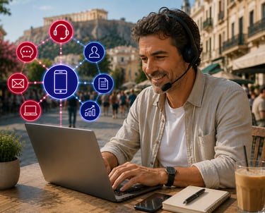 A smiling remote worker with a headset using a laptop at a cafe with digital communication icons.