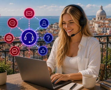 A smiling customer support representative with a headset using a laptop on a balcony with digital icons.