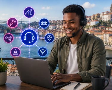 A smiling travel support agent with a headset using a laptop with digital travel and road icons overhead.