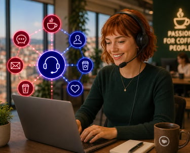 A remote customer support agent wearing a headset working on a laptop in a modern coffee shop.