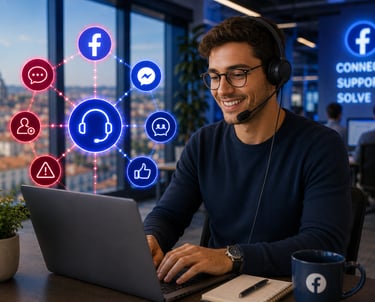 A smiling male customer support agent using a headset and laptop for social media management.