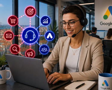 A Google Ads specialist wearing a headset provides digital marketing support and campaign optimization.