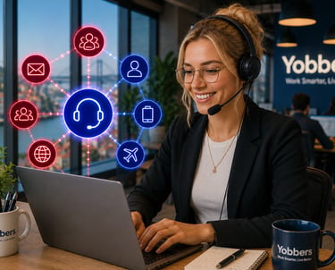 Smiling woman wearing a headset working on a laptop with neon communication icons overlay.