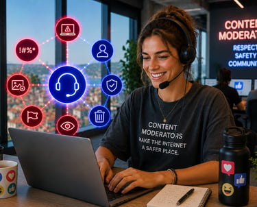 A smiling content moderator wearing a headset works on a laptop with neon digital safety icons.
