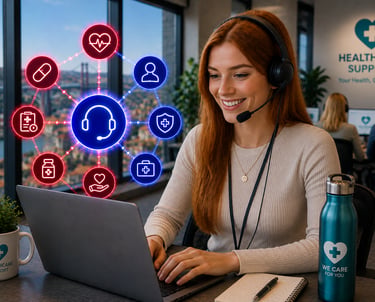 A smiling female healthcare support representative wearing a headset at her laptop with digital medical icons.