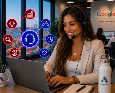 A Google Ads specialist wearing a headset manages digital marketing campaigns on a laptop.
