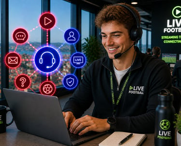 A smiling male customer support agent for a live football streaming service wearing a headset and using a laptop.