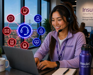 A smiling customer support representative at Insulet wearing a headset and using a laptop with health service icons.