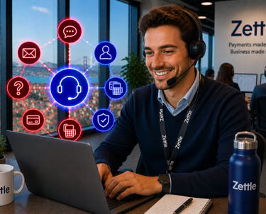 A smiling Zettle customer support agent with a headset using a laptop with digital payment icons.