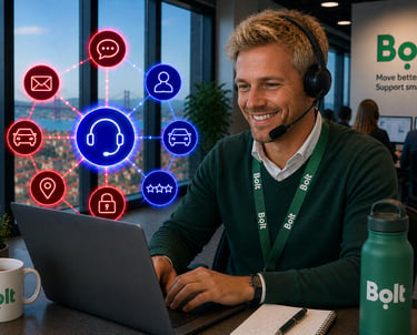 A smiling customer support representative wearing a headset at Bolt office with digital service icons.
