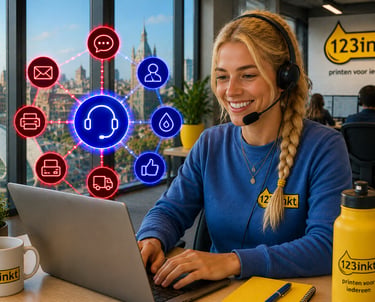 A smiling customer service representative with a headset at a 123inkt desk with digital support icons.