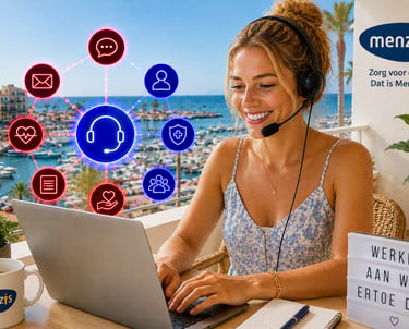 A smiling remote customer service agent for Menzis health insurance works from a sunny balcony.