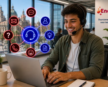 Smiling Eneco customer service representative using a laptop and headset with digital support icons.