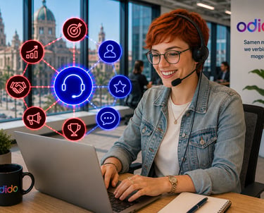 A smiling customer service representative using a laptop and headset with neon digital icons for Odido support.