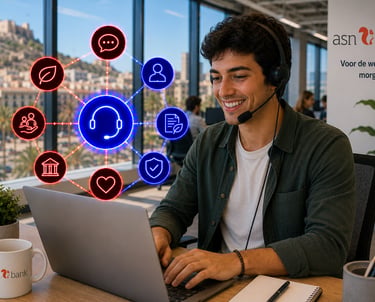 Smiling ASN Bank customer service representative using a headset and laptop with sustainable banking icons.