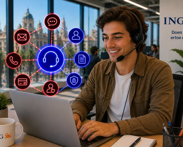 Smiling ING customer support representative with headset working on laptop with digital communication icons.