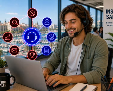 Smiling inside sales representative with headset working on a laptop with digital CRM icons.