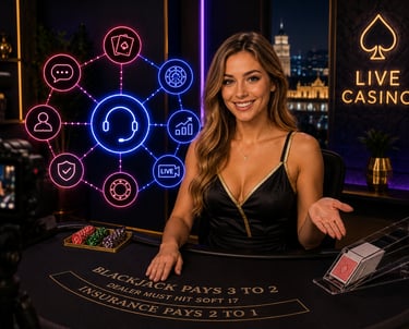 A professional live casino dealer at a blackjack table with neon digital game interface icons.