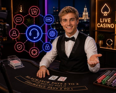 A friendly live casino dealer at a blackjack table with neon game icons and city skyline view.