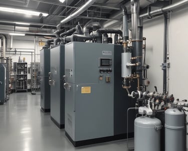 A technician inspecting chemical tanks at an industrial water treatment facility.