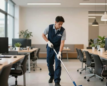 A professional cleaner carefully wiping down an office desk with a microfiber cloth.