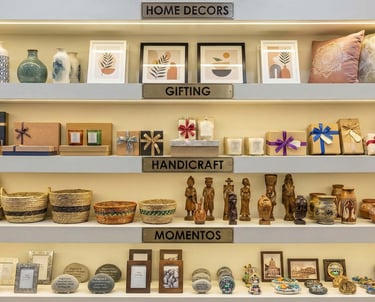 assorted corporate gift and office decor display including handicraft, gift boxes , mementos